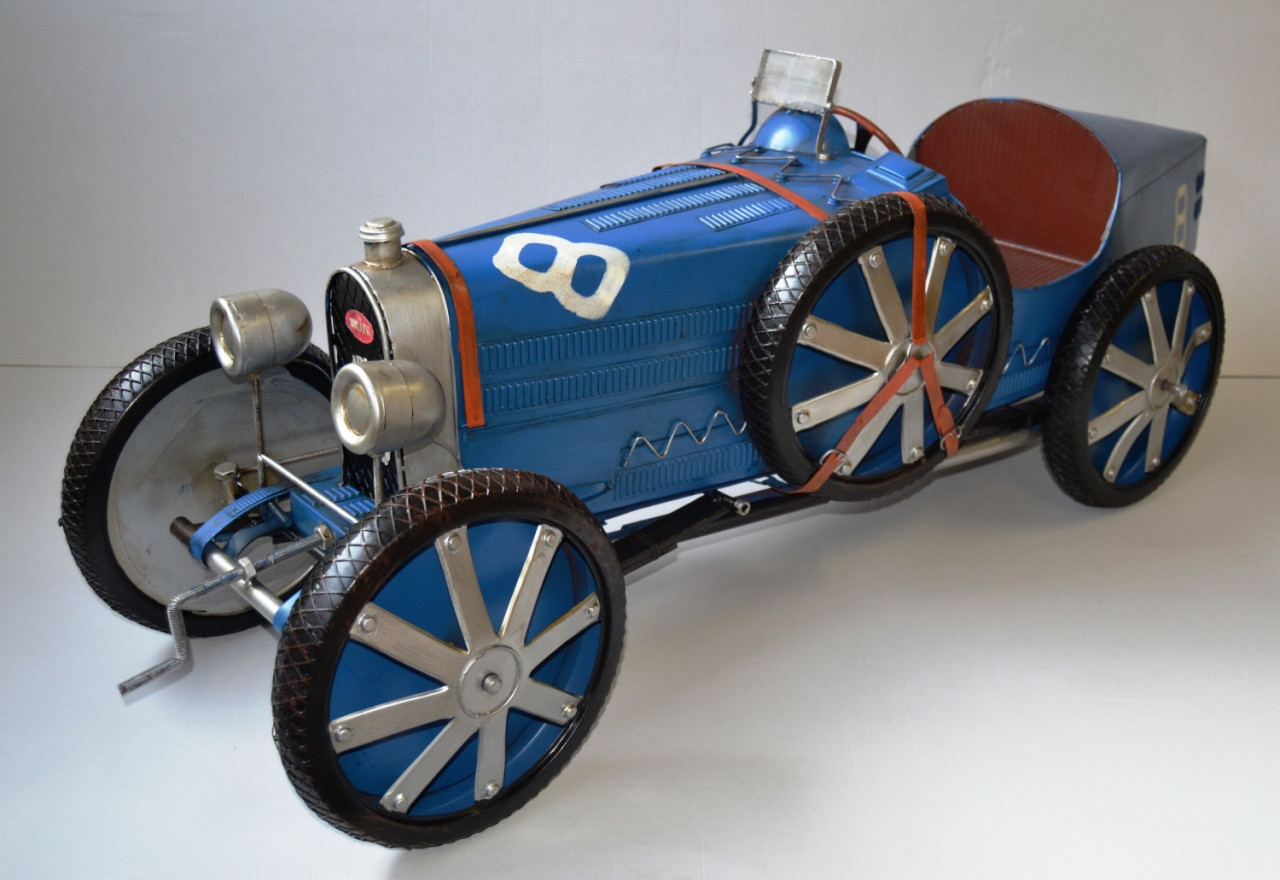 Blechauto Nostalgie Modellauto Oldtimer Automarke Bugatti Type 35C Blau XXL Modell aus Blech L 120cm von JS GartenDeko