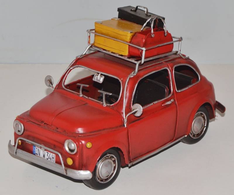 Blechauto Nostalgie Modellauto Oldtimer Automarke Fiat 500 Topolino mit Koffer aus Blech L 24 cm von JS GartenDeko