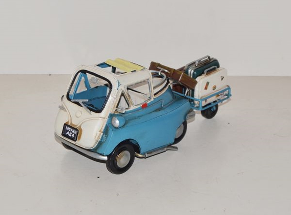 Blechauto Nostalgie Modellauto Oldtimer Automarke Isetta blau-weiß mit Hänger Länge 25 cm aus Blech Blechauto Nostalgie Modellauto Oldtimer Automarke Isetta blau-weiß mit Hänger Länge 25 cm aus Blech von JS GartenDeko