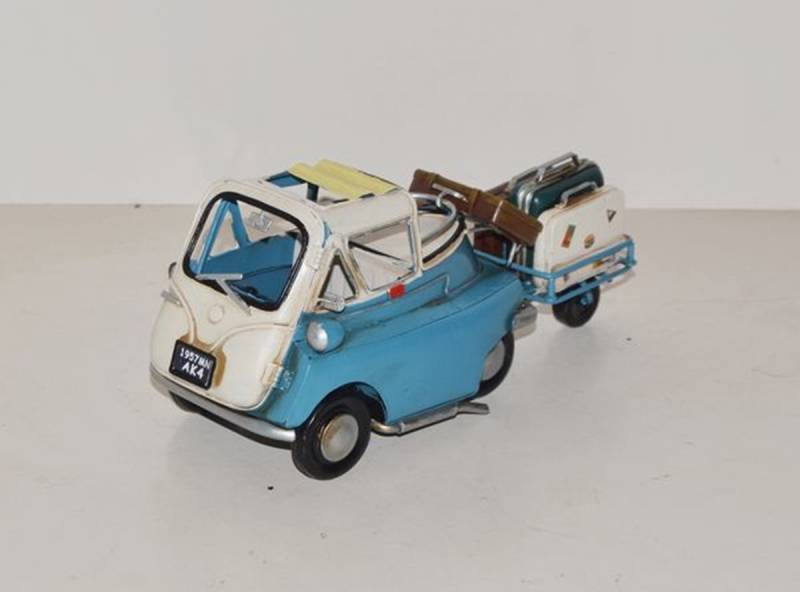 Blechauto Nostalgie Modellauto Oldtimer Automarke Isetta blau-weiß mit Hänger Länge 25 cm aus Blech von JS GartenDeko