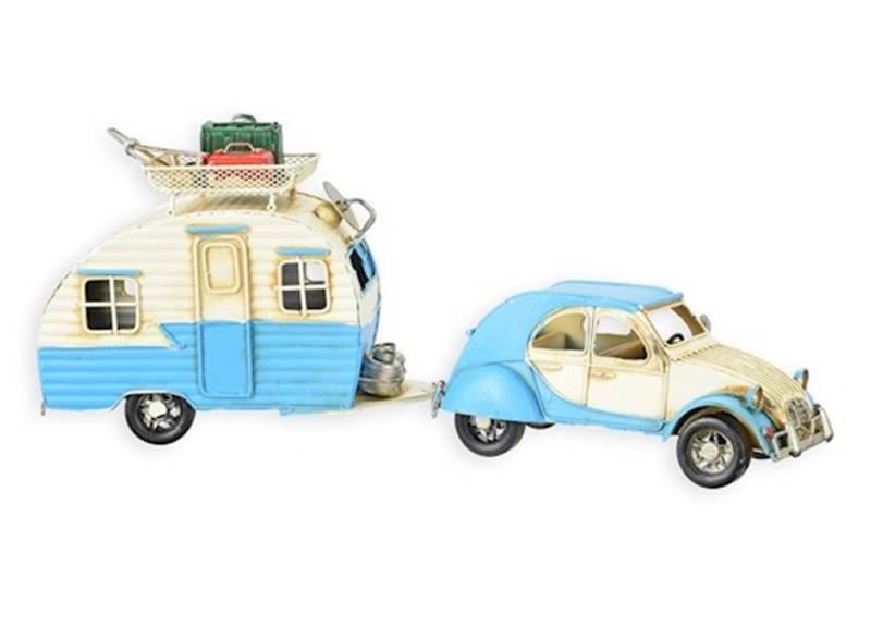 Blechauto Nostalgie blaues Auto 2CV mit Wohnwagenanhänger Oldtimer L 40 cm Modellwagen von JS GartenDeko