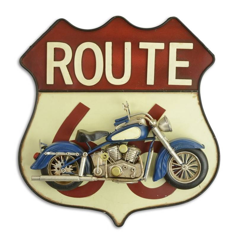 Blechmodell Nostalgie 3D Deko Wandschild aus Blech „Route 66“ mit montiertem Motorrad L 33 cm von JS GartenDeko
