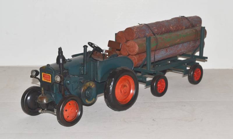 Blechtraktor Nostalgie Traktor Lanz Gespann mit Holzanhänger Oldtimer Lanz Bulldog L 60 cm von JS GartenDeko