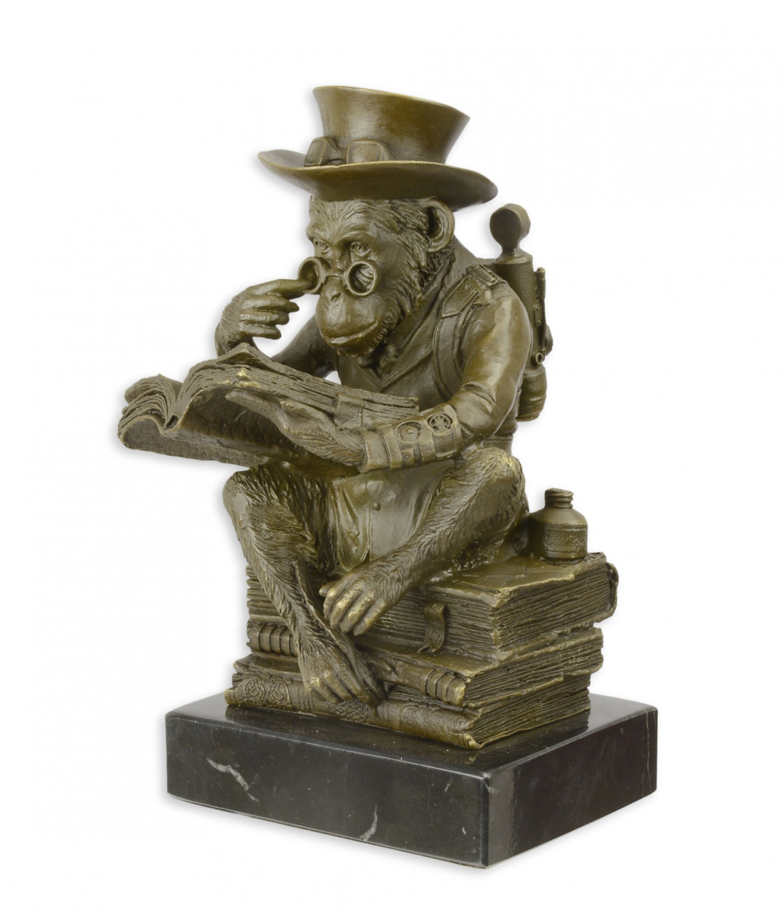 Bronzefigur Bronzeskulptur Bronze Darwin Affe auf Bücherstapel H 21 cm Steampunkt Figur Skulptur von JS GartenDeko