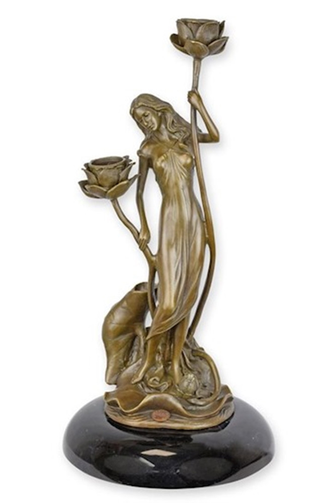 Bronzefigur Bronzeskulptur Bronze Kerzenständer Frau mit Lilien H 35 cm Deko Vintage Kerzenhalter von JS GartenDeko