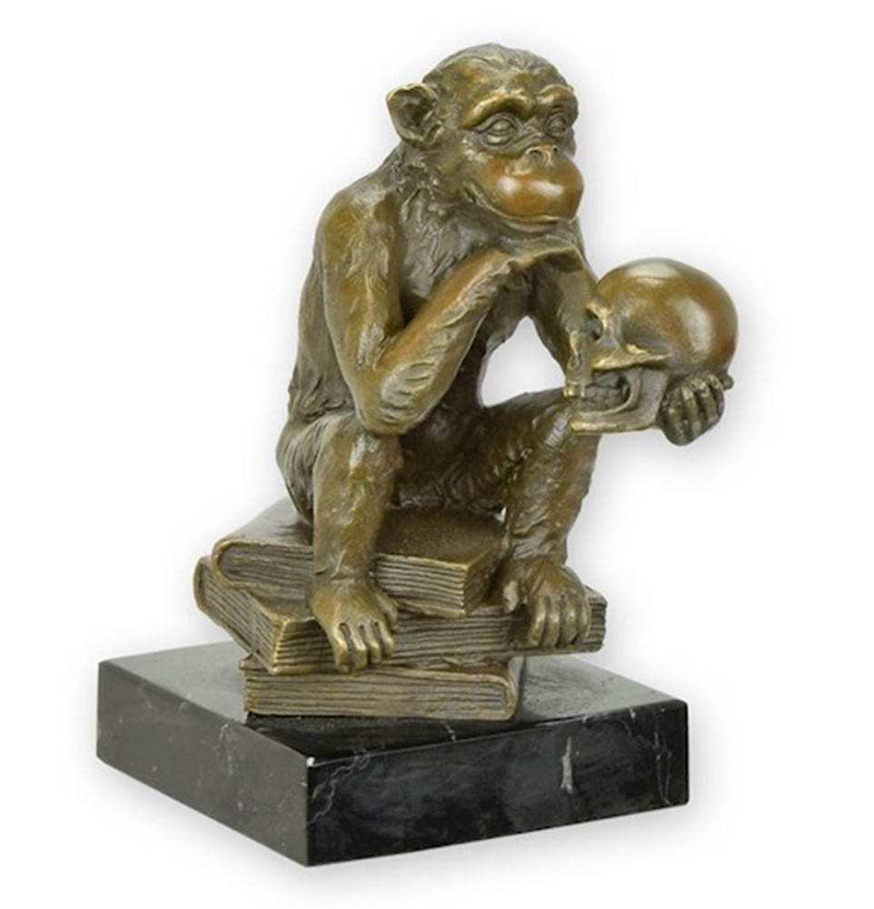 Bronzefigur Bronzeskulptur Tierfigur Affe mit Schädel aus Bronze auf Marmorsockel H 14 cm Skulptur von JS GartenDeko