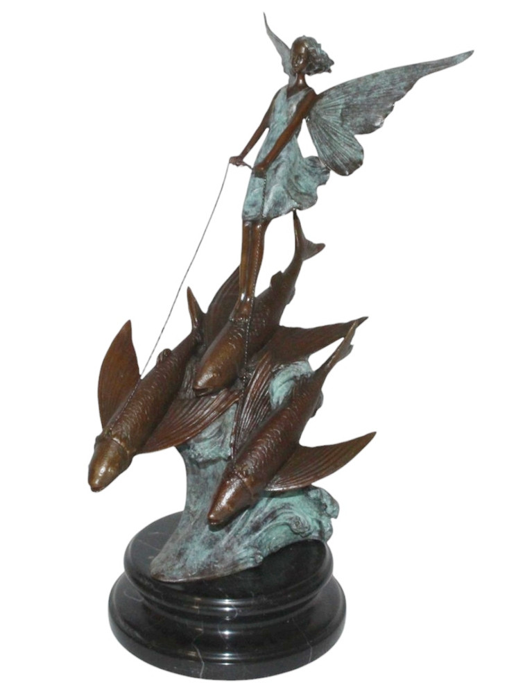 Bronzefigur Fee auf Fischen reitend Höhe 37,5 cm - Bronzeskulptur Elfe Jugendstil von JS GartenDeko