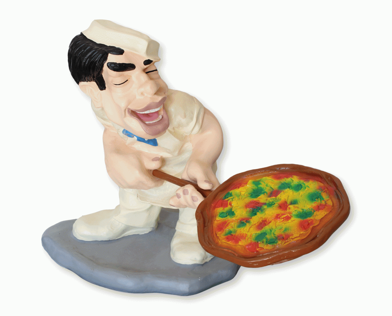 Deko Figur Koch mit Pizza auf Pizzaschieber Schaufel Kochfigur auf Sockel H 43 cm Pizzabäcker von JS GartenDeko