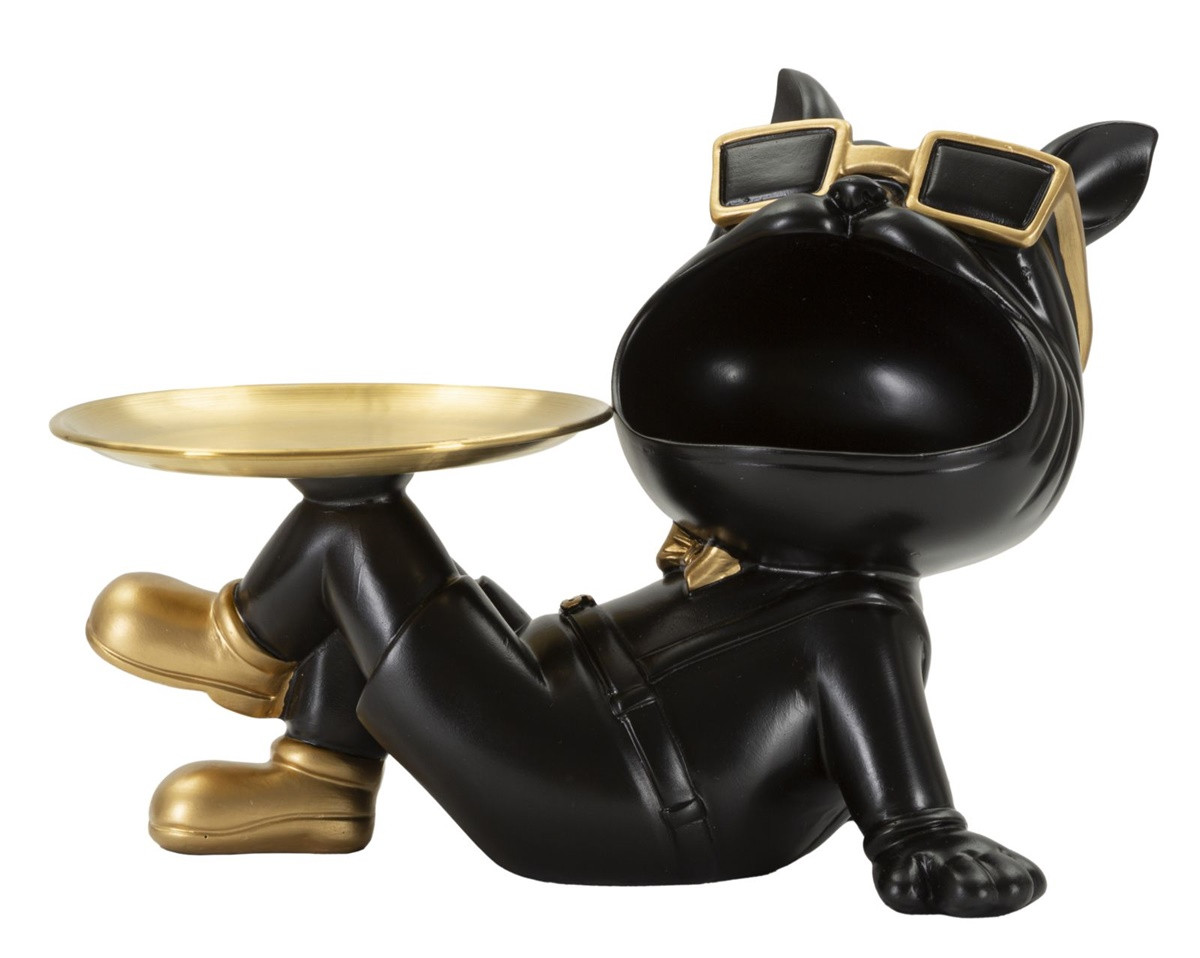 Dekofigur Hund Buddy Cool schwarz klein liegend mit goldenem Tablett und Mundbehälter H 18,5 cm Dekofigur Hund Buddy Cool schwarz klein liegend mit goldenem Tablett und Mundbehälter H 18,5 cm von JS GartenDeko