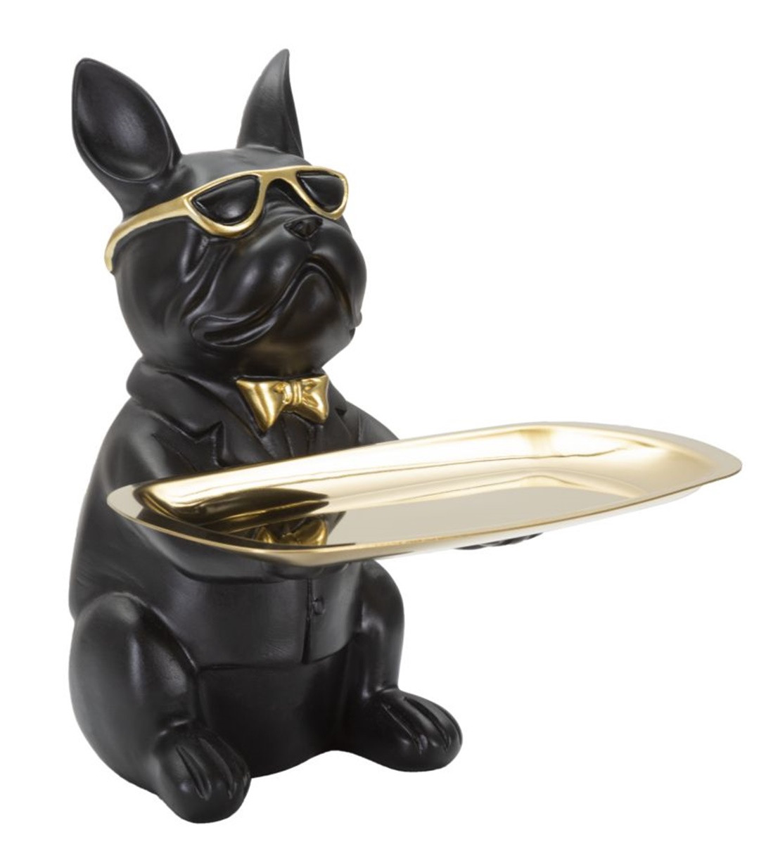 Dekofigur Hund Bulldogge Cool schwarz klein sitzend Tierfigur mit goldenem Tablett Brille H 23,5 cm Dekofigur Hund Bulldogge Cool schwarz klein sitzend Tierfigur mit goldenem Tablett Brille H 23,5 cm von JS GartenDeko