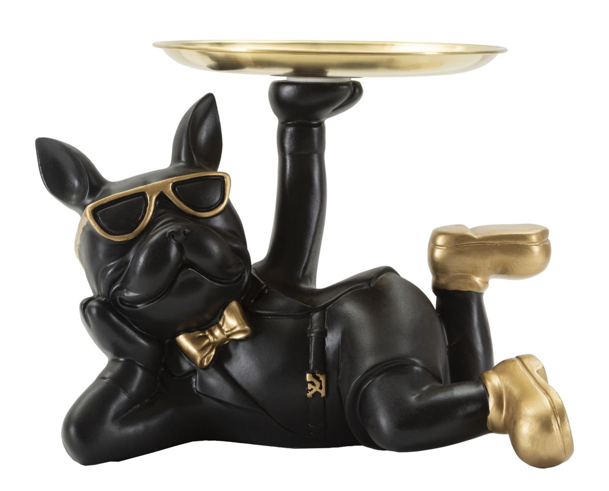 Dekofigur Hund Rover Cool schwarz klein liegend Tierfigur mit goldenem Tablett Brille H 18,5 cm Dekofigur Hund Rover Cool schwarz klein liegend Tierfigur mit goldenem Tablett Brille H 18,5 cm von JS GartenDeko