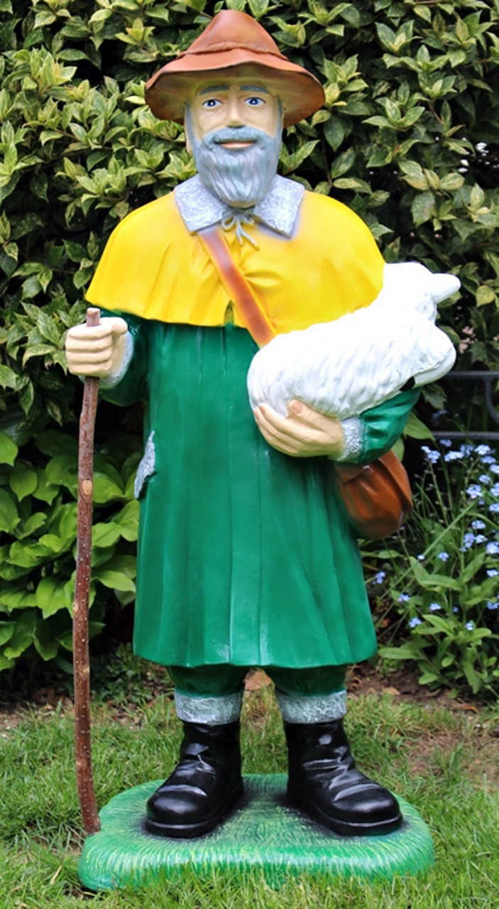 Dekorfgur Schäfer Lamm und Stock haltend Hirte stehend mit Lamm H 87 cm Gartenfigur aus Kunstharz von JS GartenDeko