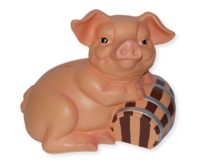 Dekofigur Schwein liegend als Spardose mit Fass H 40 cm aus Kunstharz Tierfigur Deko Ferkel von JS GartenDeko