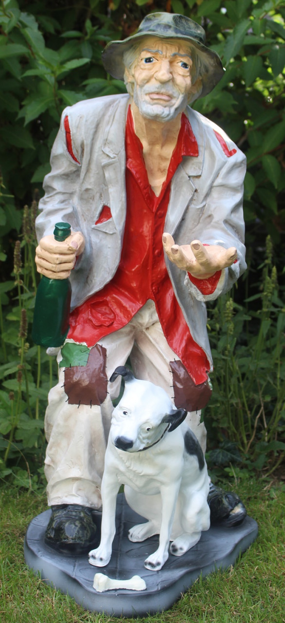 Dekofigur Bettler groß stehend mit Flasche in Hand und Hund am Fuß H 91 cm Gartenfigur aus Kunstharz von JS GartenDeko