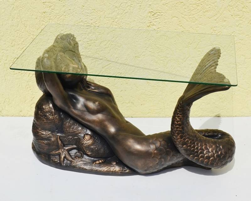 Glastisch mit Meerjungfrau Nixe Länge 80 cm aus Resin und Glas - bronzefarben von JS GartenDeko