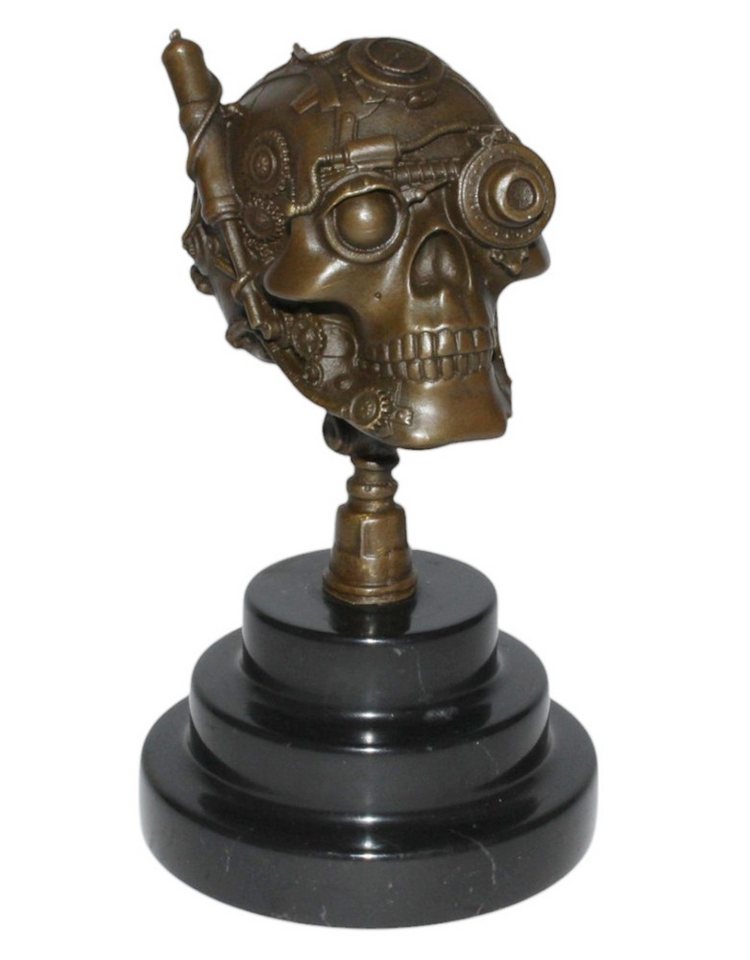 JS GartenDeko Dekofigur Bronzefigur Bronzeskulptur Steampunk Schädel auf Sockel Höhe 19 cm von JS GartenDeko