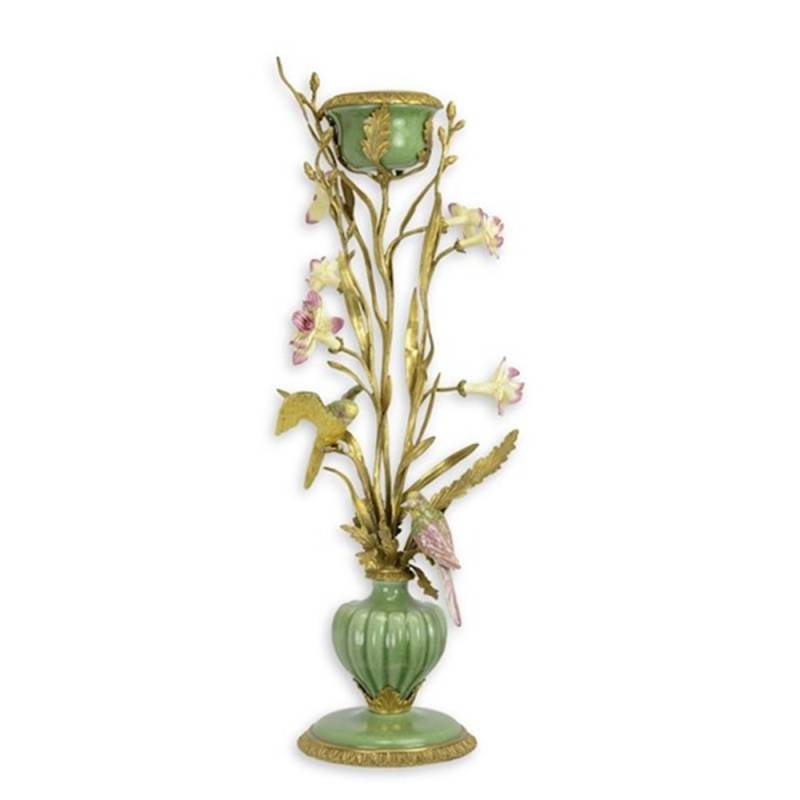 Kerzenständer Bronze und Porzellan Jugendstil H 66 cm mit Blumen und Vogel Elementen von JS GartenDeko