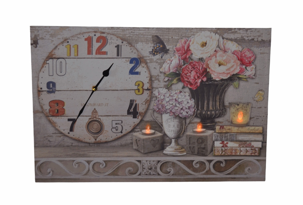 Nostalgie LED-Wandbild Blumen Bücherstapel Deko Bild mit integrierter Uhr 40x60 cm Leinwandbild von JS GartenDeko