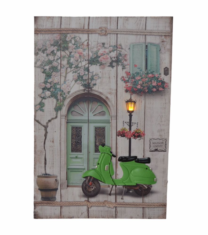 Nostalgie LED-Wandbild Gasse mit grünem Roller Vespa Blumen Vintage Stil 60x40 cm Leinwandbild von JS GartenDeko
