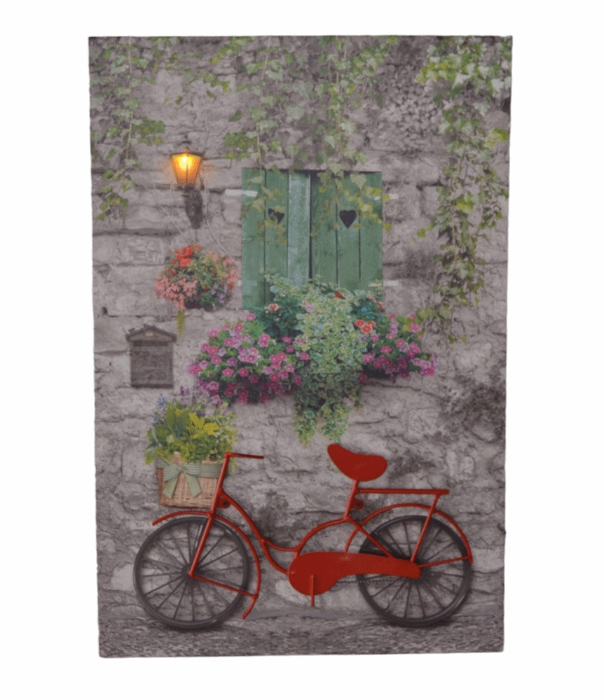 Nostalgie LED-Wandbild Gasse mit rotem Fahrrad Vintage Stil Blumen 60x40 cm Leinwandbild von JS GartenDeko