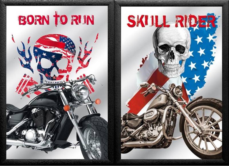 Set: 2 Spiegelbilder Easy Rider Skull Motorrad Bild 30x20 cm Wandbilder Hinterglasdruck mit Rahmen von JS GartenDeko