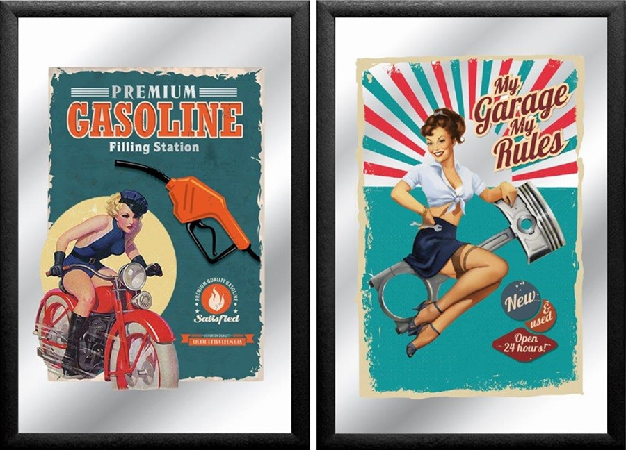 Set: 2 Spiegelbilder Garage Retro Bild Gasoline Benzin Pin-Up 20x30 cm Wandbilder Hinterglasdruck von JS GartenDeko