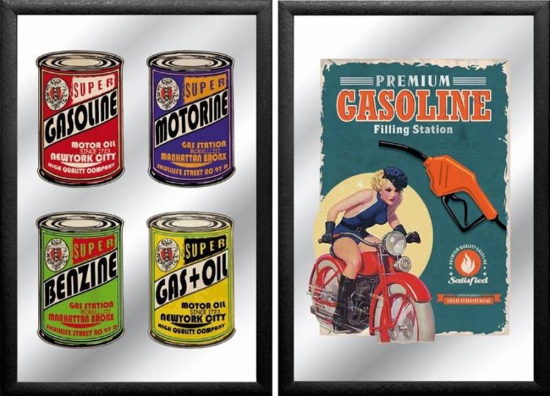 Set: 2 Spiegelbilder Garage Retro Bild Gasoline Benzin Pin-Up 20x30 cm Wandbilder Hinterglasdruck von JS GartenDeko