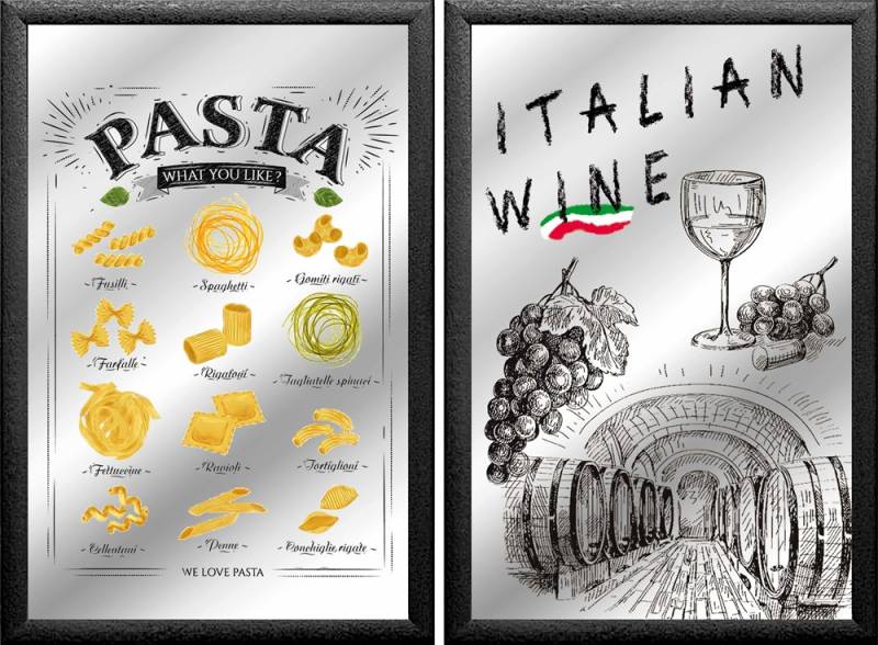 Set: 2 Spiegelbilder Italian Food Pasta Wine Deko 30x20 cm Hinterglasdruck mit schwarzem Rahmen von JS GartenDeko