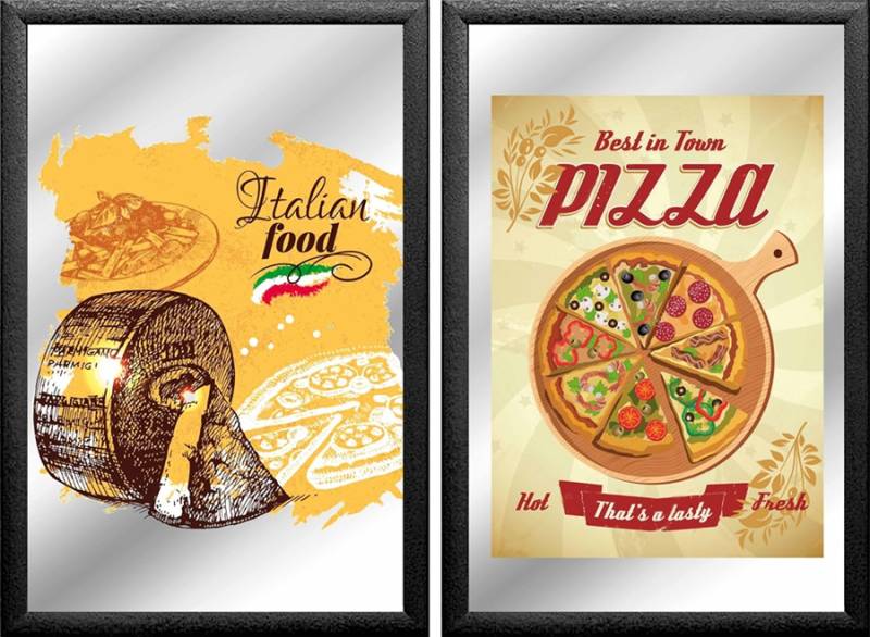 Set: 2 Spiegelbilder Italian Food Pizza Käse Pasta 30x20 cm Hinterglasdruck mit schwarzem Rahmen von JS GartenDeko