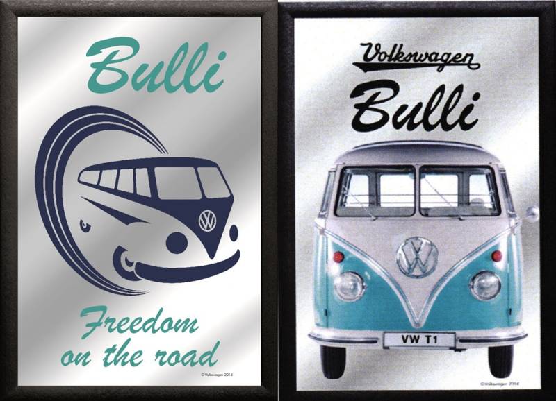 Set: 2 Spiegelbilder VW Bulli blau Oldtimer 30x20 cm Wandbilder Hinterglasdruck mit Rahmen von JS GartenDeko