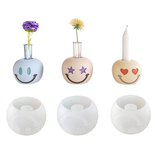 JS MOLD 3 Stück Smiley Silikonform Kerzenhalter, Weihnachten Silikon Gießform Kerzenhalter Silikonform,silikonformen gießformen für Beton Gips DIY Kerzen von JS MOLD