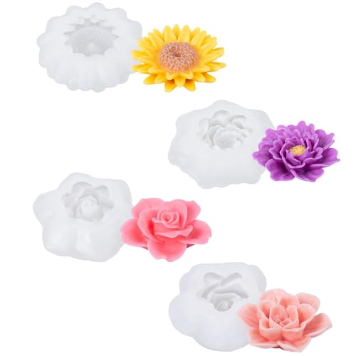 JS MOLD 4 Stück Kerzenform Silikon,3D DIY Blume Silikonform Kerzen-Gießen Formen,Silikonform Blumen,Rose Kerzenformen zum Gießen als Heimdekorationen, DIY Duftkerze, Seife (set 2) von JS MOLD