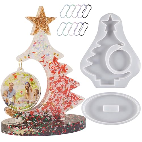 JS MOLD Weihnachtsbaum fotorahmen epoxidharzform Groß,DIY Weihnachten Ornament Epoxidharz Fotorahmen Gießform mit Sockel und Bunte Perlenkette,Epoxidharz-Bilderrahmen-Form für DIY Weihnachtsdeko von JS MOLD