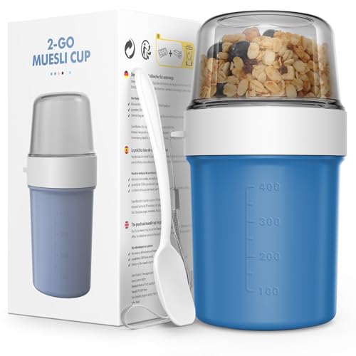 JSCORES Müslibecher to Go mit Löffel, 560ml+310ml Auslaufsicherer Joghurt to go becher für Unterwegs(Ozean Blau) von JSCORES