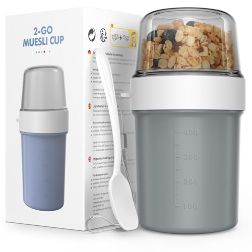 JSCORES Müslibecher to Go mit Löffel, 560ml+310ml Auslaufsicherer Joghurt to go becher für Unterwegs (Morandi Grau) von JSCORES