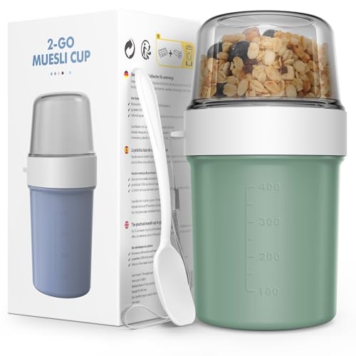 JSCORES Müslibecher to Go mit Löffel, 560ml+310ml Auslaufsicherer Joghurt to go becher für Unterwegs (Morandi Grün) von JSCORES