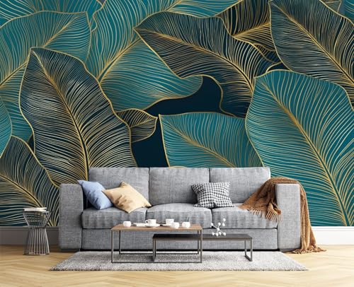 3D Minimalistisches Pflanzendesign Fototapete Bananenblatt Mit Goldfolienlinie Wandtapete Schlafzimmer,Gebranntes Orange Tapete Wanddekoration, Blaugrün, Kinderzimmer Fototapete,450 X 315 Cm (B X H) von JSCWDET