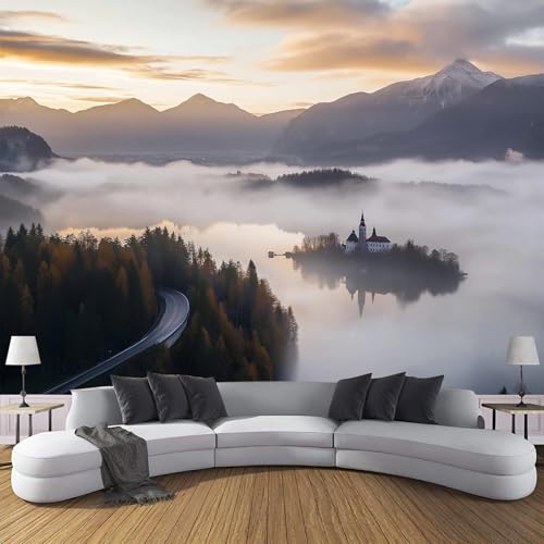 3D Tapete Wanddeko - Hellgelb Fototapete 3D Effekt - Tapete Für Wohnzimmer Schlafzimmer Wandtapete - Landschaft Des Bleder Sees Fototapeten - Wald Und Berge - 300 X 210 Cm (B X H) von JSCWDET
