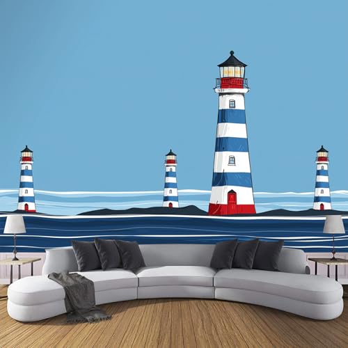 3D Tapete Wanddeko - Marine Fototapete 3D Effekt - Tapete Für Wohnzimmer Schlafzimmer Wandtapete - Cartoon-Nautikstil Fototapeten - Leuchtturm-Illustration - 350 X 256 Cm (B X H) von JSCWDET