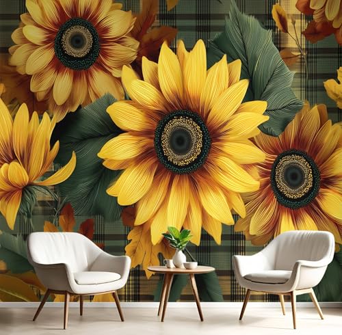 3D Tapete Wanddeko - Senfgelb Fototapete 3D Effekt - Tapete Für Wohnzimmer Schlafzimmer Wandtapete - Sonnenblumenmuster Fototapeten - Geometrisches Gittermuster - 350 X 256 Cm (B X H) von JSCWDET