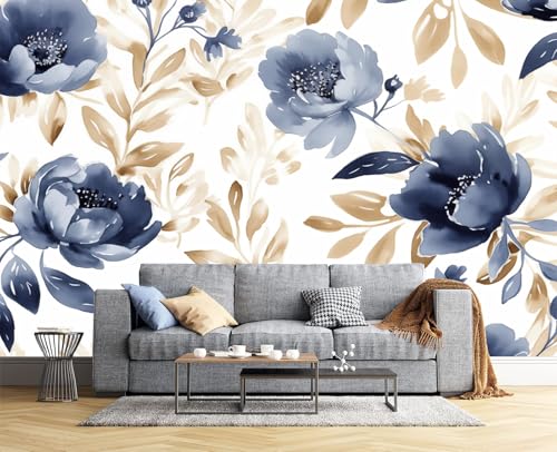 Aquarell Blumenmuster Fototapete - Tapete Blätter Pfingstrosen-Design, Marine - Wandtapete Für Verschiedene Räume - Seide Wandbild 450 X 315 Cm (B X H) von JSCWDET