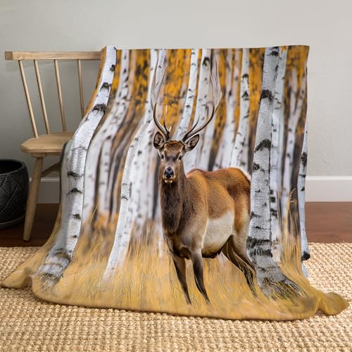 Birken Kuscheldecke Flauschig Decke, 70 × 100 cm Große Warme Couchdecke, Wildtiere Hirsche Kuschlige Wohndecke Weich als Sofaüberwurf Blanket Sofadecke Bett von JSCWDET