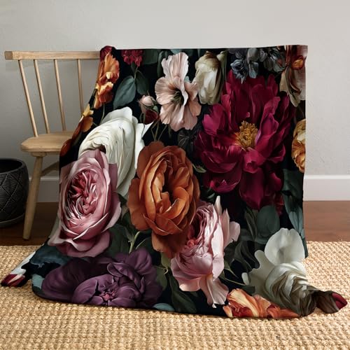 Decke Rose Pfingstrose Muster Kuscheldecke,Warm Und Flauschig Kinder Ölgemälde-Stildecken Flanelldecke,Mikrofaser Couchdecke Raumdekoration(Burgunderrot,150 × 200 cm) von JSCWDET