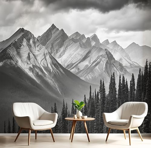 Dichter Kiefernwald Wandtapete Fototapete, Majestätische Schwarz-Weiße Berge Dekoration Wand-Dekor,300 X 210 Cm (B X H) Tapete Panorama Poster Für Mädchen, Jungs Schlafzimmer Wohnzimmer von JSCWDET