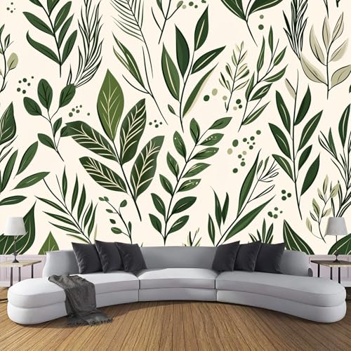 Fototapete 3D Art-Deco-Stil Effekt Panorama-Tapete,450 X 315 Cm (B X H), Seidenmaterial, Grünes Blattpflanzenmuster,Geeignet Für Die Wanddekoration Von Wohnzimmer Und Schlafzimmer,Salbeigrün von JSCWDET