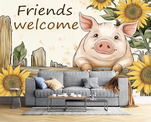 Fototapete 3D Farbholzschnitte Effekt Panorama-Tapete,400 X 280 Cm (B X H), Seidenmaterial, Niedliche Tierschweine,Geeignet Für Die Wanddekoration Von Wohnzimmer Und Schlafzimmer,Gelb von JSCWDET