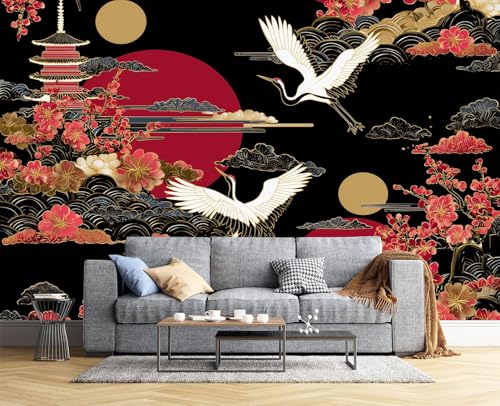 Fototapete 3D Japanisches Muster Effekt Panorama-Tapete,250 X 175 Cm (B X H), Seidenmaterial, Kranich Kirschblüte,Geeignet Für Die Wanddekoration Von Wohnzimmer Und Schlafzimmer,Rot von JSCWDET