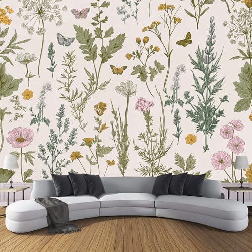 Fototapete 3D Kräuterillustrationen Effekt Panorama-Tapete,400 X 280 Cm (B X H), Seidenmaterial, Vintage Wildblumen,Geeignet Für Die Wanddekoration Von Wohnzimmer Und Schlafzimmer,Creme von JSCWDET