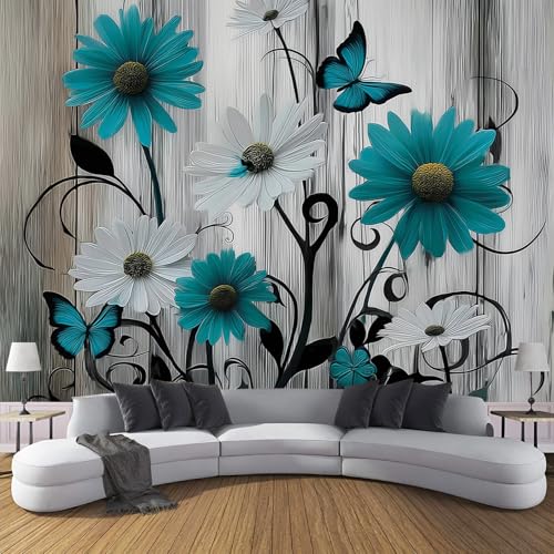 Fototapete 3D Landhausstil Effekt Panorama-Tapete,150 X 105 Cm (B X H), Seidenmaterial, Gänseblümchen Blumenmuster,Geeignet Für Die Wanddekoration Von Wohnzimmer Und Schlafzimmer,Türkis von JSCWDET