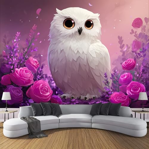 Fototapete Anime-Stil,350 X 256 Cm (B X H) - Fototapeten - Tapeten - Für Wohnzimmer Schlafzimmer - Vliestapete Wandtapete Tapete Rose Süße Eule 3D Effekt- Lila von JSCWDET